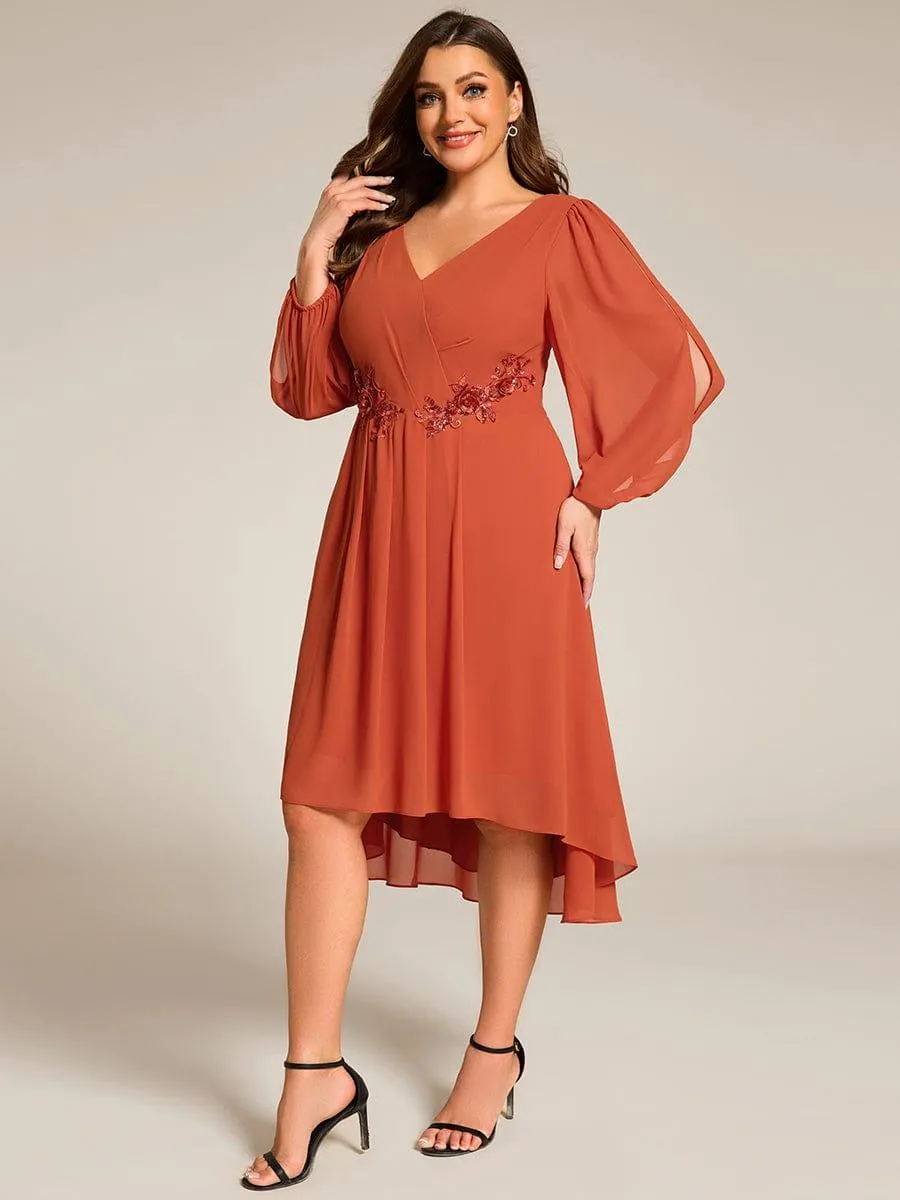 Warm Elise | Long Sleeves Waist Applique A-Line Midi Chiffon Wedding Guest Dress