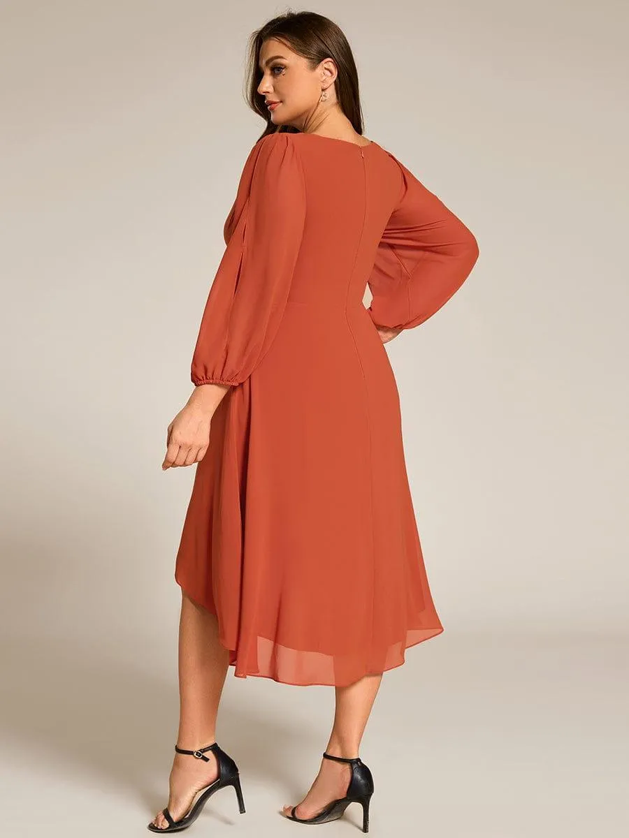 Warm Elise | Long Sleeves Waist Applique A-Line Midi Chiffon Wedding Guest Dress