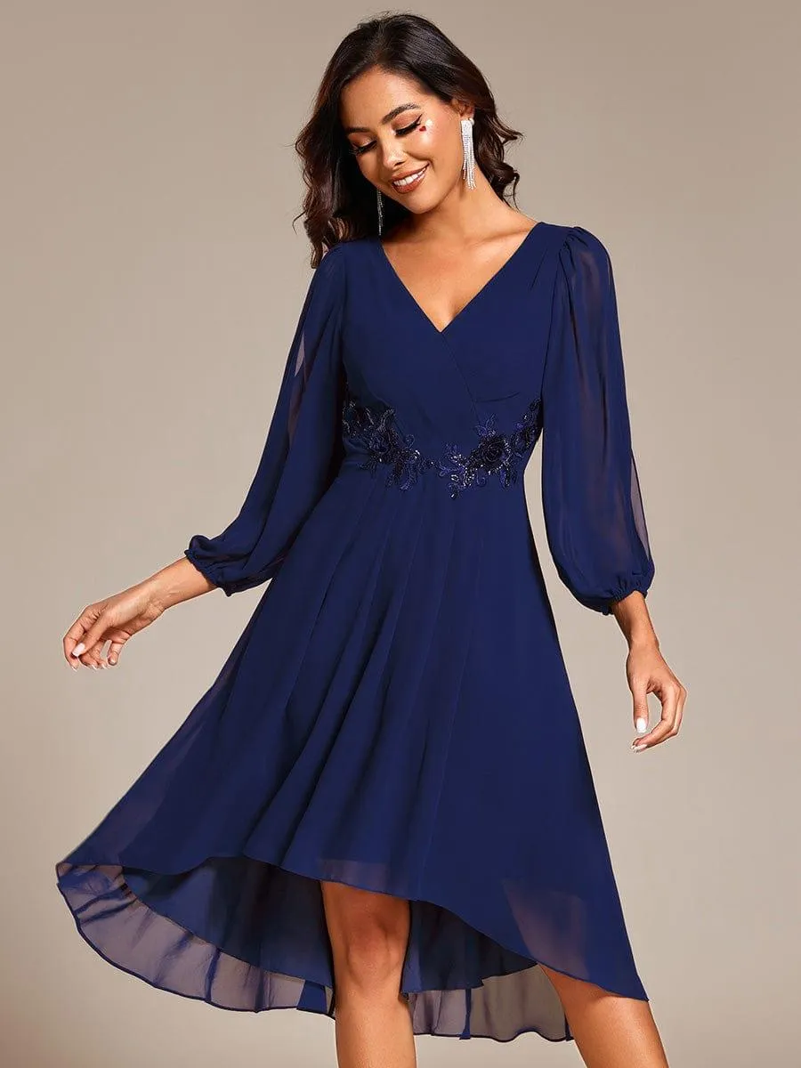 Warm Elise | Long Sleeves Waist Applique A-Line Midi Chiffon Wedding Guest Dress