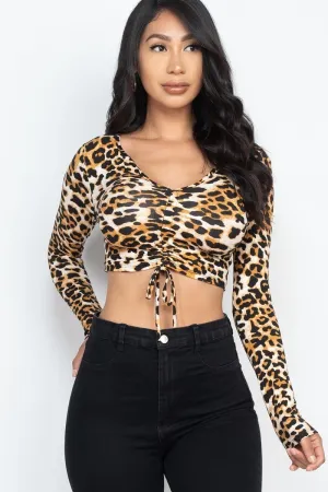 Women's Leopard Print Strap Ruched Front Crop Top