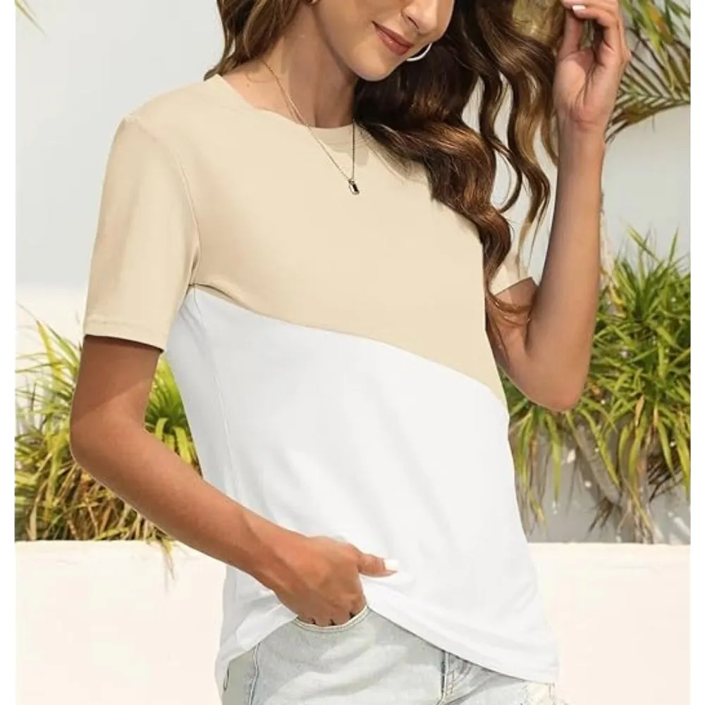 Women's Stylish Short Sleeve Top Crewneck Shirt – Loose Casual Tee with Side Split
