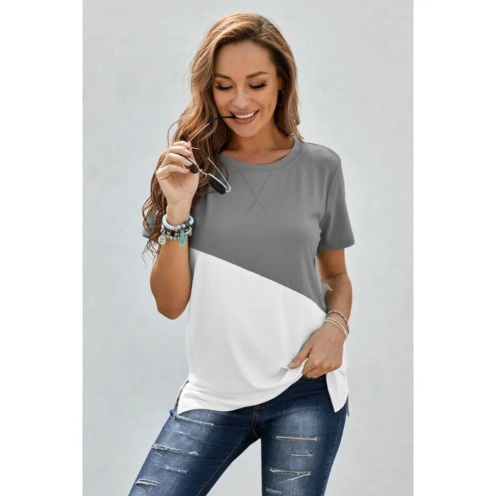 Women's Stylish Short Sleeve Top Crewneck Shirt – Loose Casual Tee with Side Split