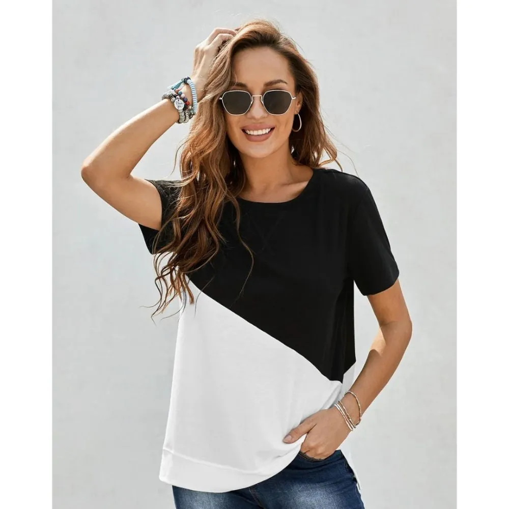 Women's Stylish Short Sleeve Top Crewneck Shirt – Loose Casual Tee with Side Split