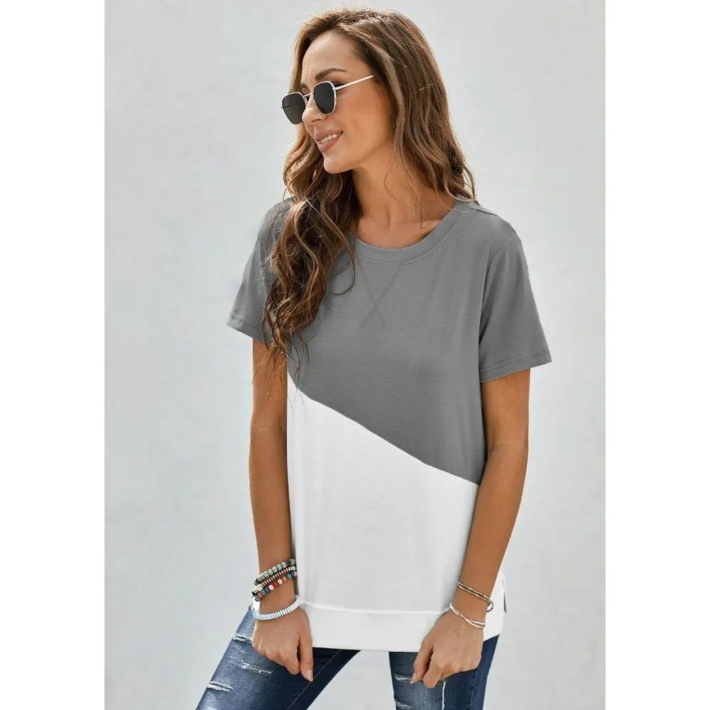 Women's Stylish Short Sleeve Top Crewneck Shirt – Loose Casual Tee with Side Split