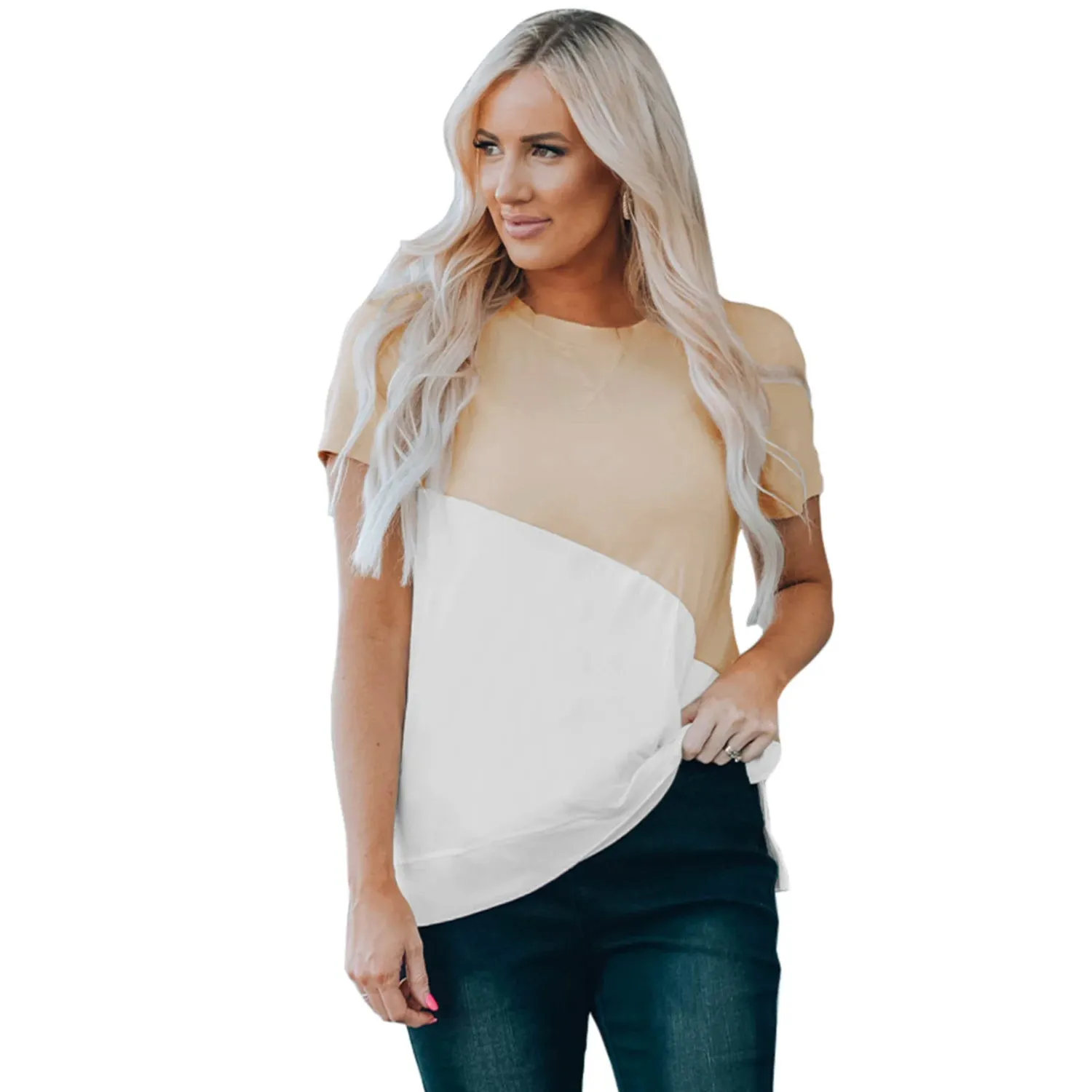Women's Stylish Short Sleeve Top Crewneck Shirt – Loose Casual Tee with Side Split