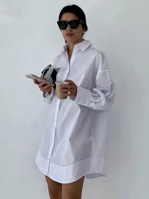 xakxx Leisure Fashion Loose Long Sleeves Solid Color Lapel Collar Shirt Dresses