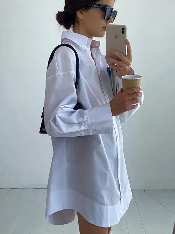 xakxx Leisure Fashion Loose Long Sleeves Solid Color Lapel Collar Shirt Dresses