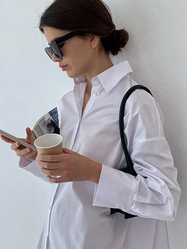 xakxx Leisure Fashion Loose Long Sleeves Solid Color Lapel Collar Shirt Dresses