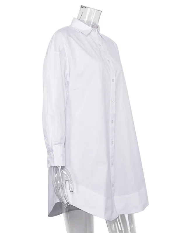 xakxx Leisure Fashion Loose Long Sleeves Solid Color Lapel Collar Shirt Dresses