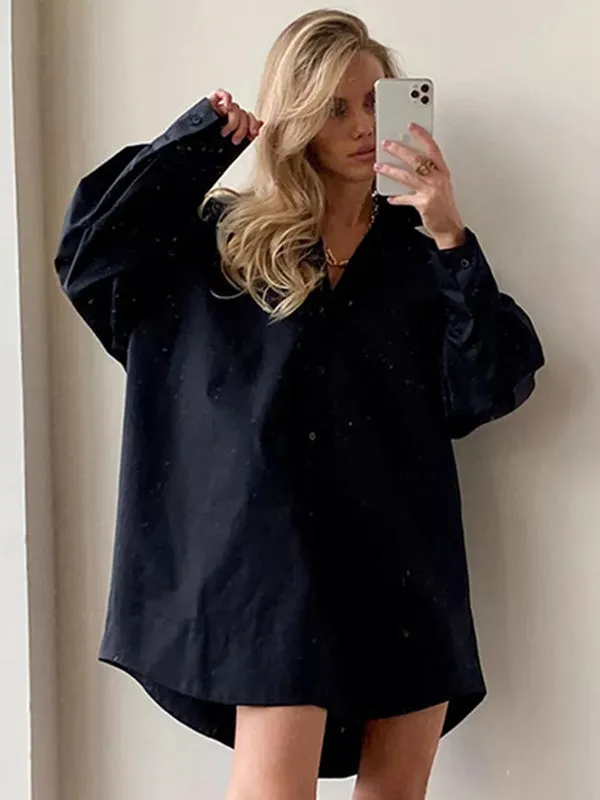xakxx Leisure Fashion Loose Long Sleeves Solid Color Lapel Collar Shirt Dresses